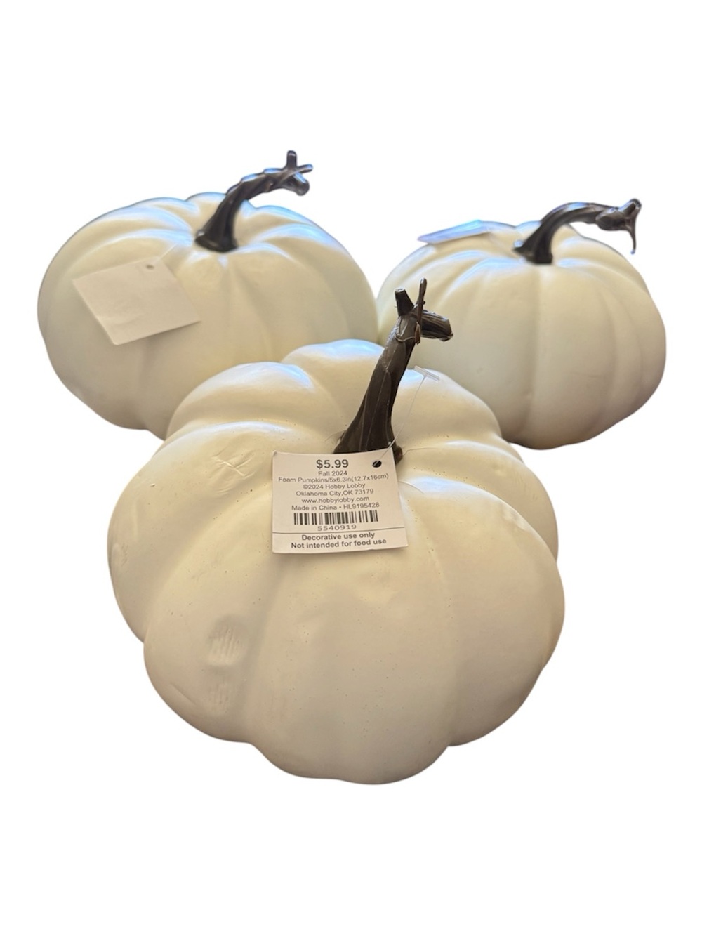 Hobby Lobby White Foam Pumpkins with Brown Stems - Set of 3